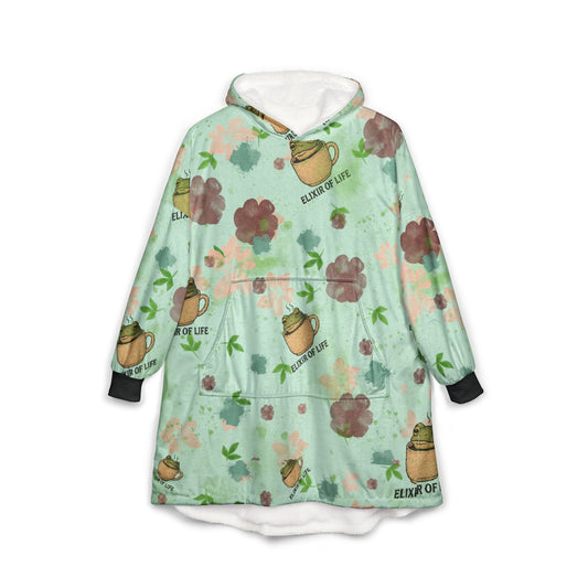 Hooded Blanket with Coffee Frog and Floral Design - Unisex