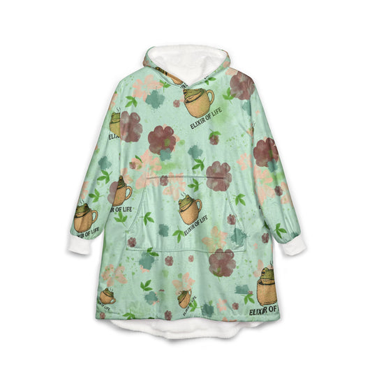 Hooded Blanket with Coffee Frog and Floral Design - Unisex