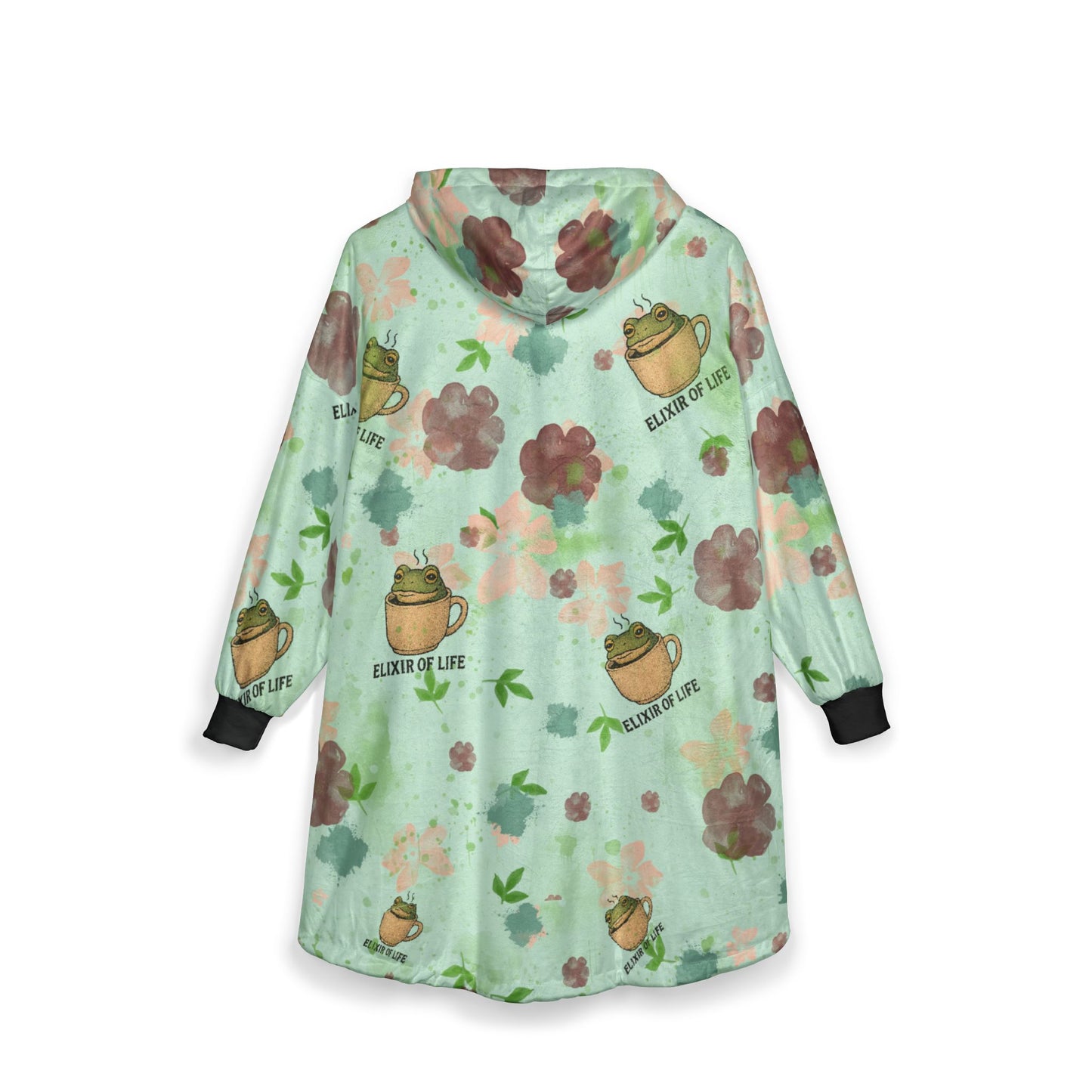 Hooded Blanket with Coffee Frog and Floral Design - Unisex